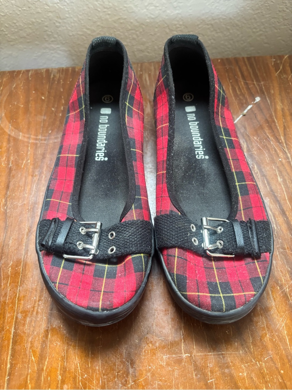 No Boundaries Red and Black Plaid Punk Slip-On Flats with Buckle Strap